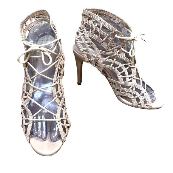 Joie Leah Lace Up Caged Sandals Heels Cream Tan Nude Size 37 7 - Picture 1 of 12